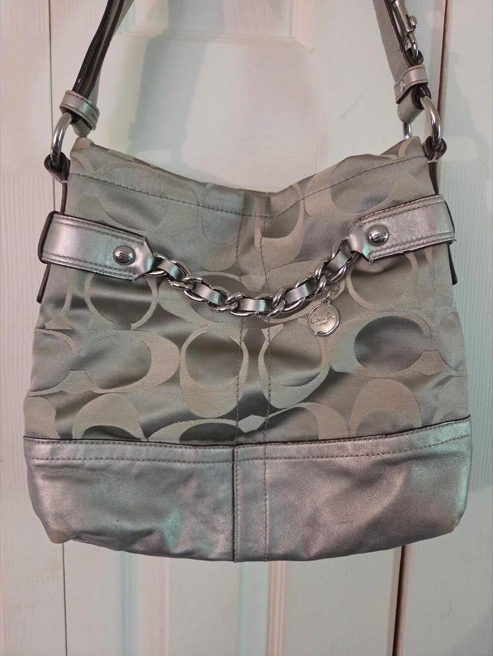 Coach Metallic Silver Signature Chain Shoulder Bag